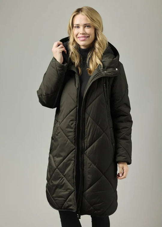 Quilted hooded parka coat with full zip, curved hem, dark green, front view