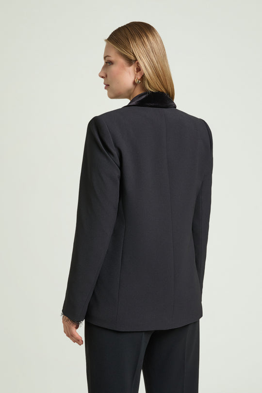 Black crepe tuxedo blazer with velvet lapels, back view
