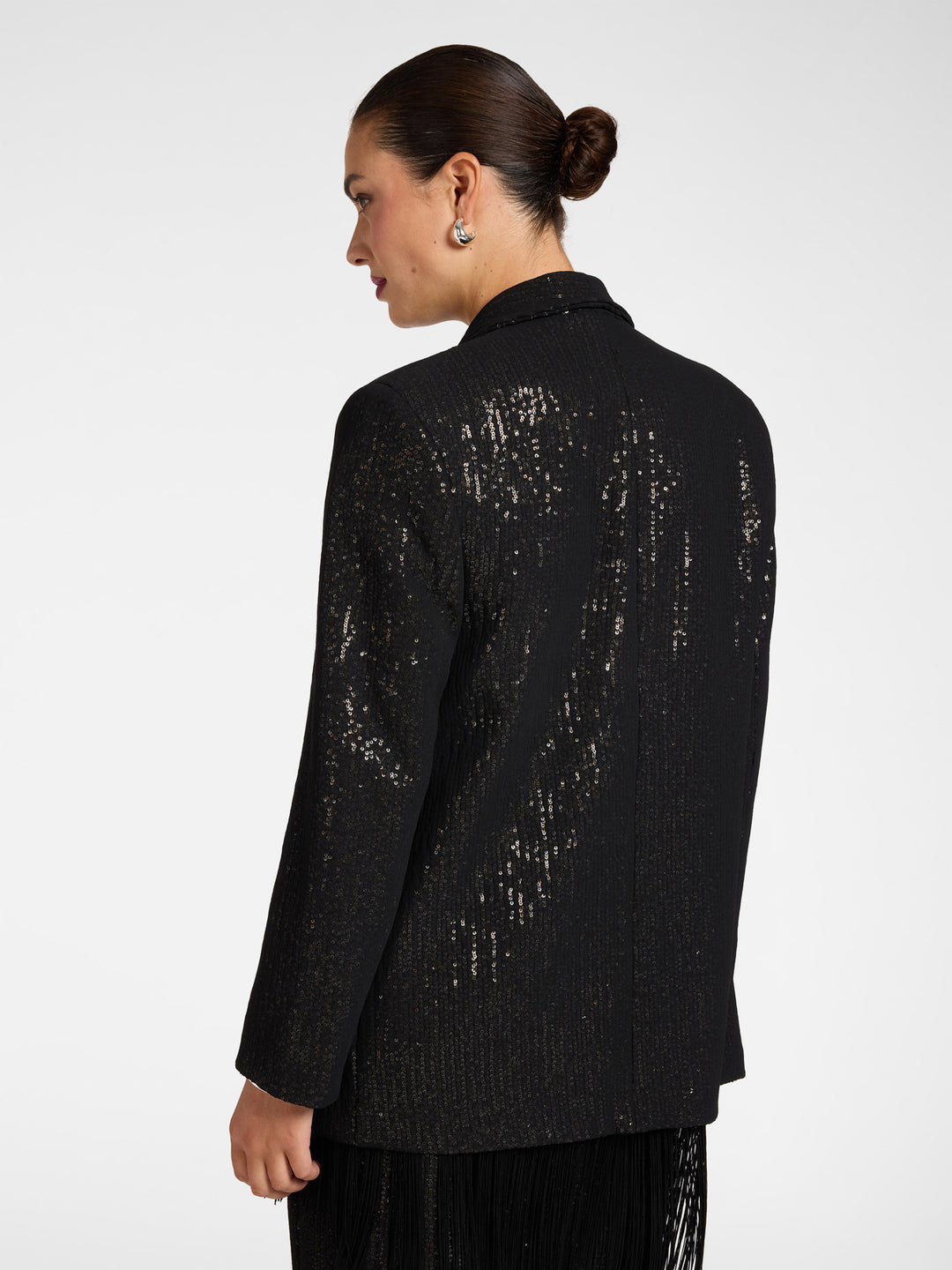 Black sequin blazer with shawl collar, back view, shimmering textured pattern.