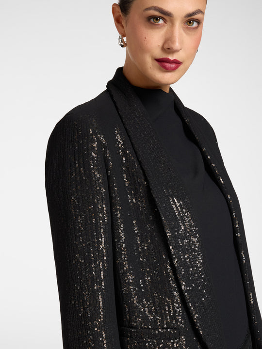 Black sequin blazer close-up: shawl collar and open front with shimmering pattern.