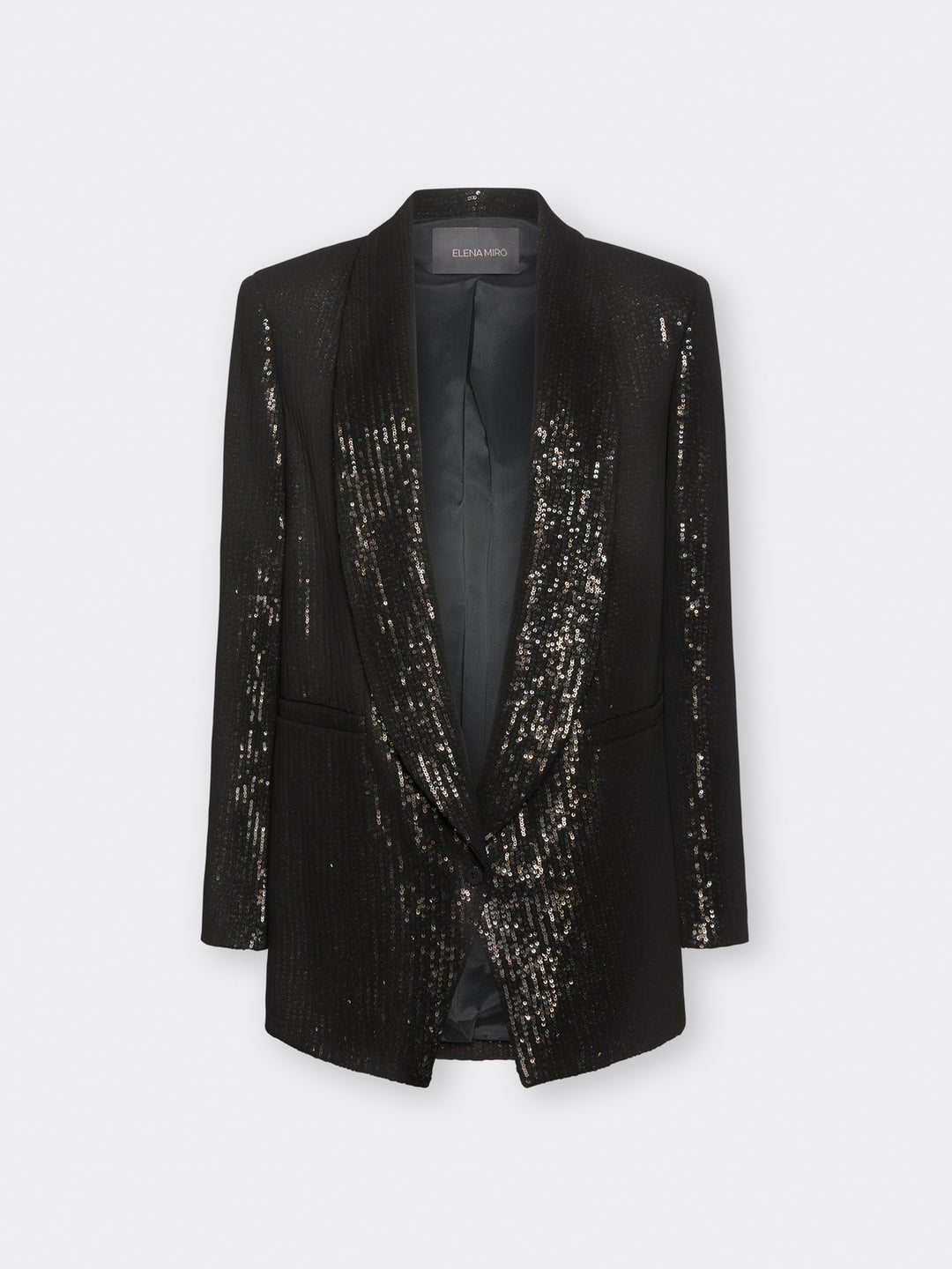 Black sequin blazer with shawl collar, open front, long sleeves.
