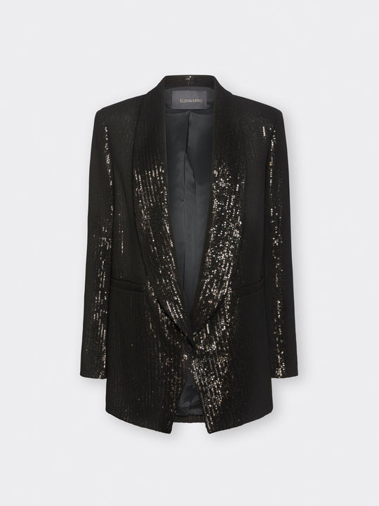 Black sequin blazer with shawl collar, open front, long sleeves.