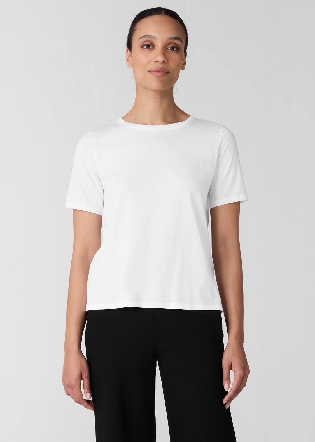 front of plus size Eileen Fisher Short Sleeve Pima Cotton Tee in White