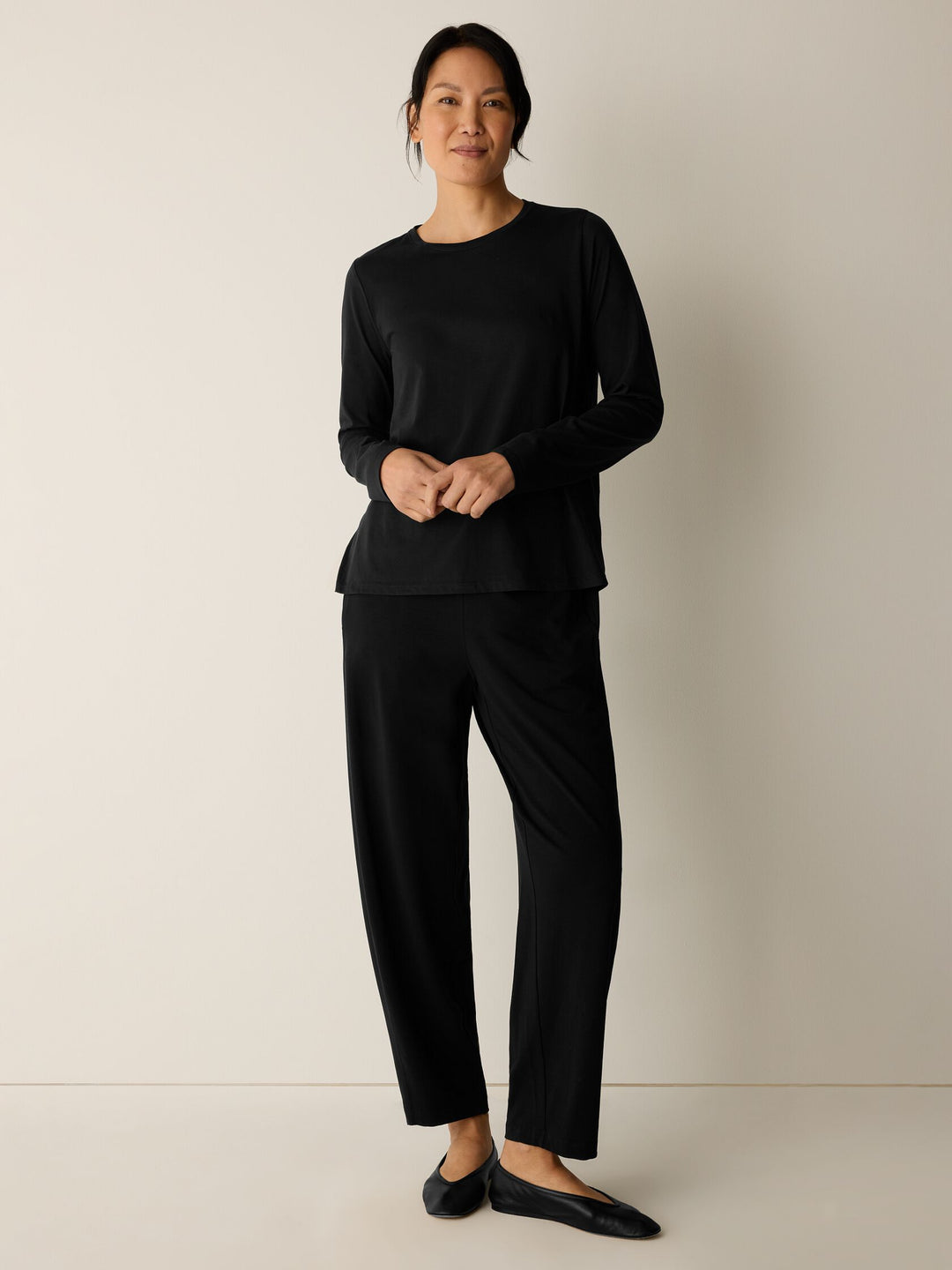 Eileen Fisher Organic Pima Cotton Jersey Long Sleeve Tee in Black