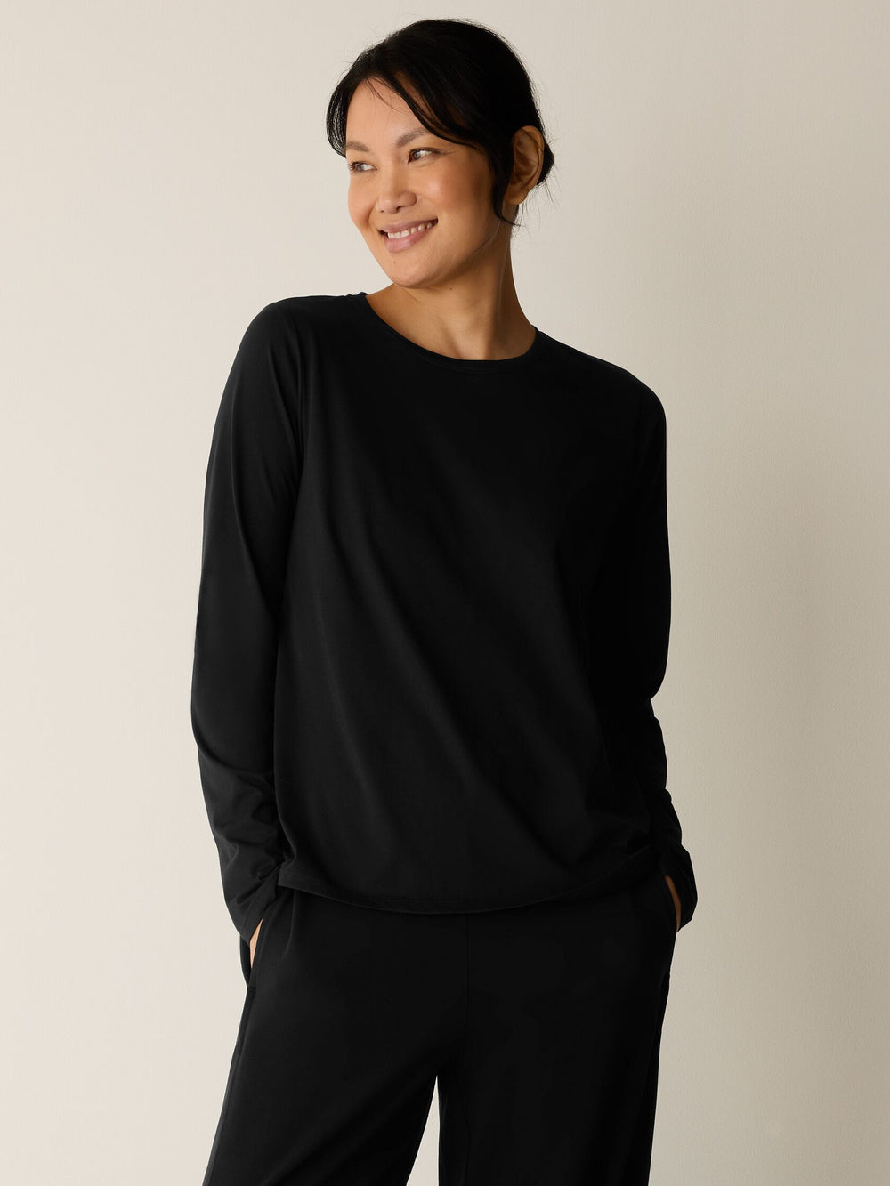 Eileen Fisher Organic Pima Cotton Jersey Long Sleeve Tee in Black