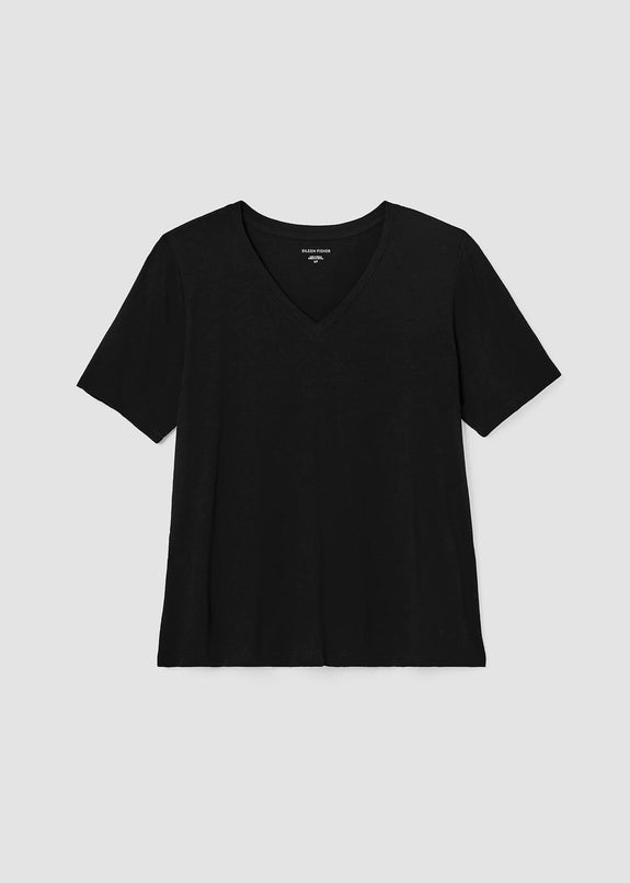 front view of plus size Eileen Fisher Organic Cotton Slubby Jersey V-Neck Short Sleeve Tee in Black
