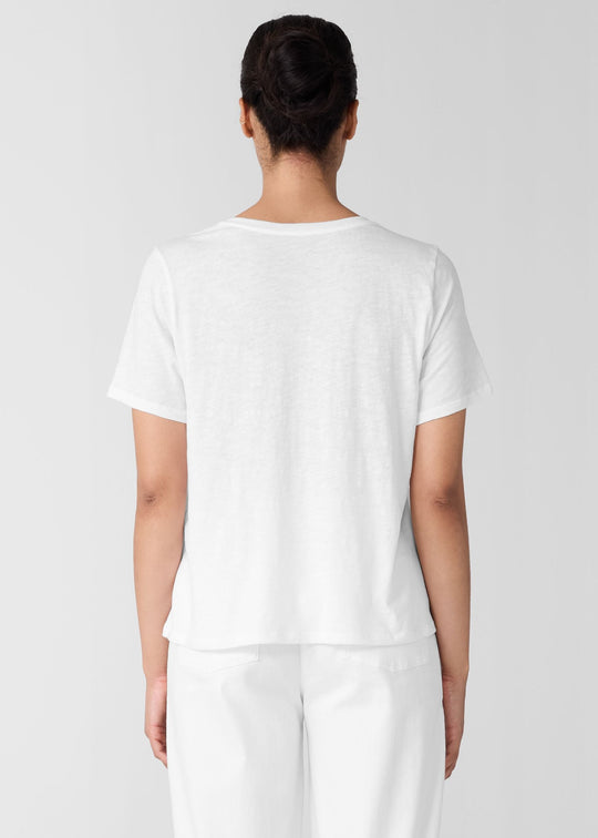 back view of Eileen Fisher Organic Cotton Slubby Jersey V-Neck Short Sleeve Tee in White