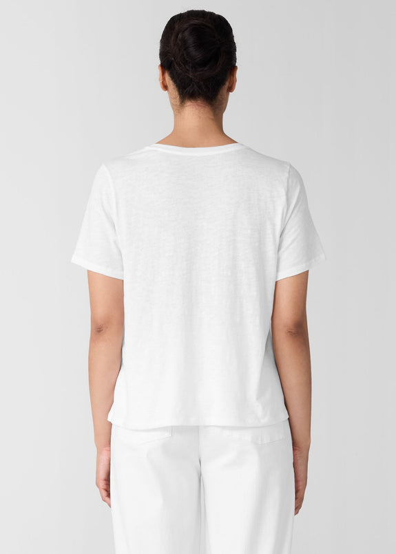 back view of Eileen Fisher Organic Cotton Slubby Jersey V-Neck Short Sleeve Tee in White