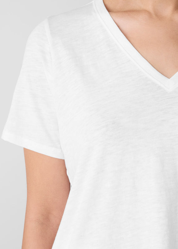 close up front view of Eileen Fisher Organic Cotton Slubby Jersey V-Neck Short Sleeve Tee in White