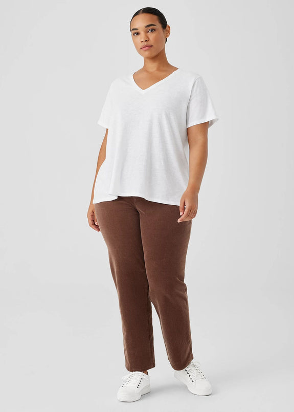 Front view of Eileen Fisher Organic Cotton Slubby Jersey V-Neck Short Sleeve Tee in White