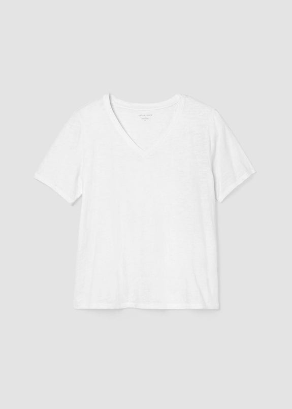 Front view of Eileen Fisher Organic Cotton Slubby Jersey V-Neck Short Sleeve Tee in White