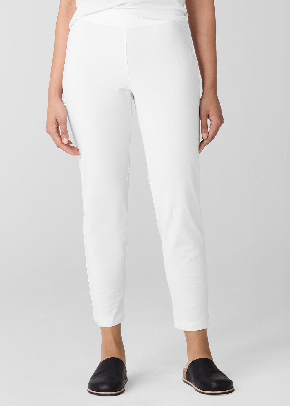 alt. front view of Eileen Fisher stretch crepe slim leg pull on plus size pant in white