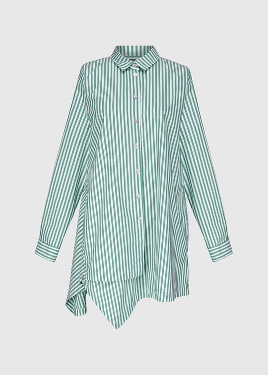 front view of plus size Alembika Striped Cotton Asymmetric Hem Shirt in Green