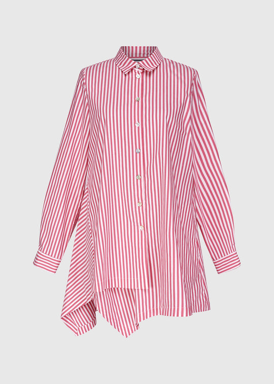 Pink striped cotton shirt with point collar, button front, and asymmetrical hem