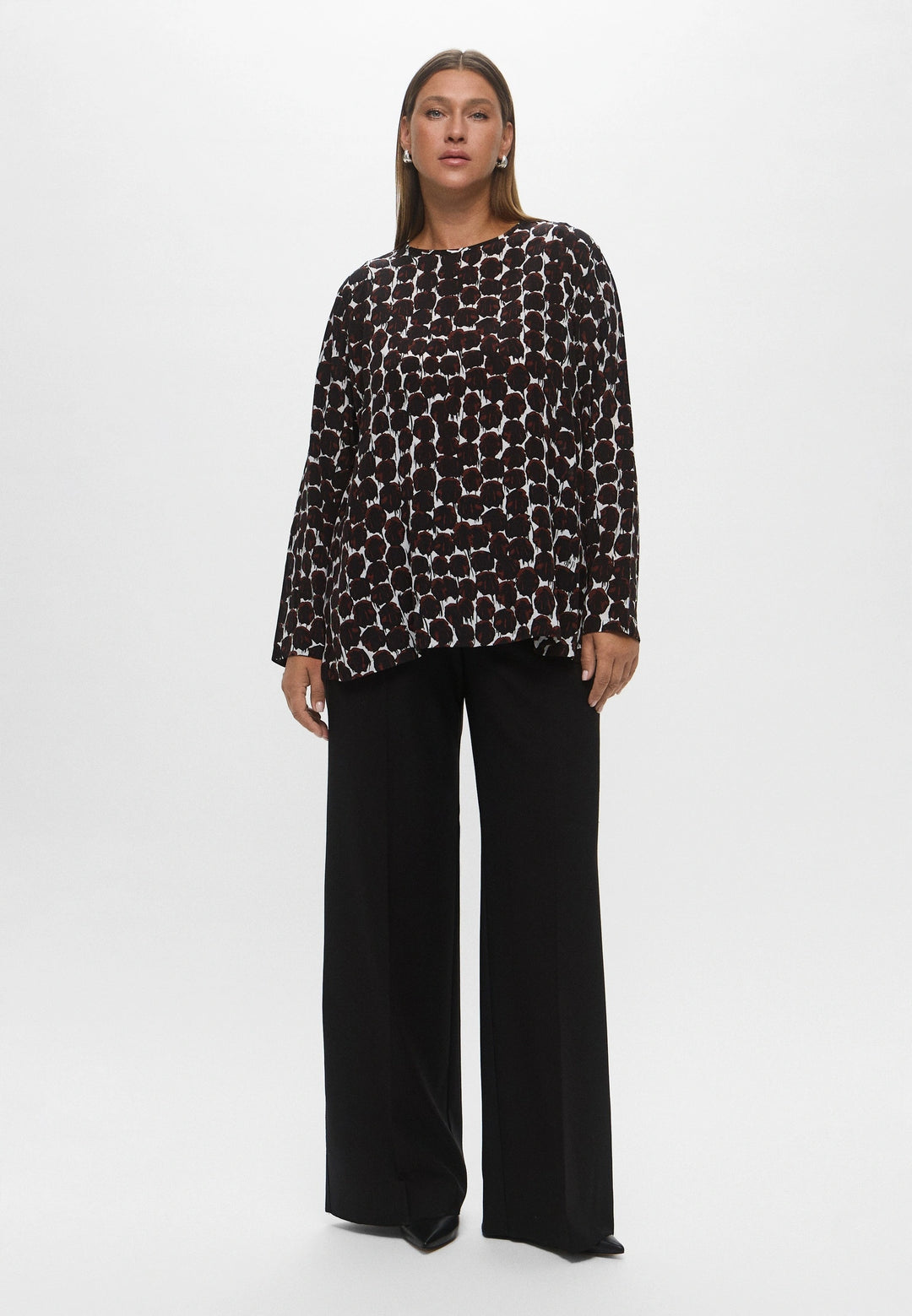 Marina Rinaldi Ovale Round Neck Long Sleeve Print Blouse in Coffee Print