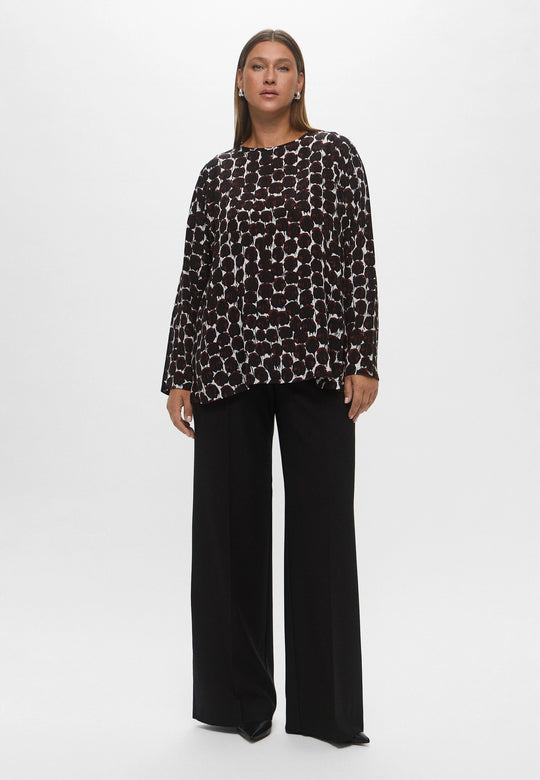 Marina Rinaldi Ovale Round Neck Long Sleeve Print Blouse in Coffee Print