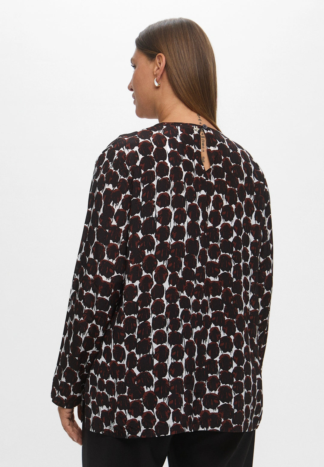 Marina Rinaldi Ovale Round Neck Long Sleeve Print Blouse in Coffee Print