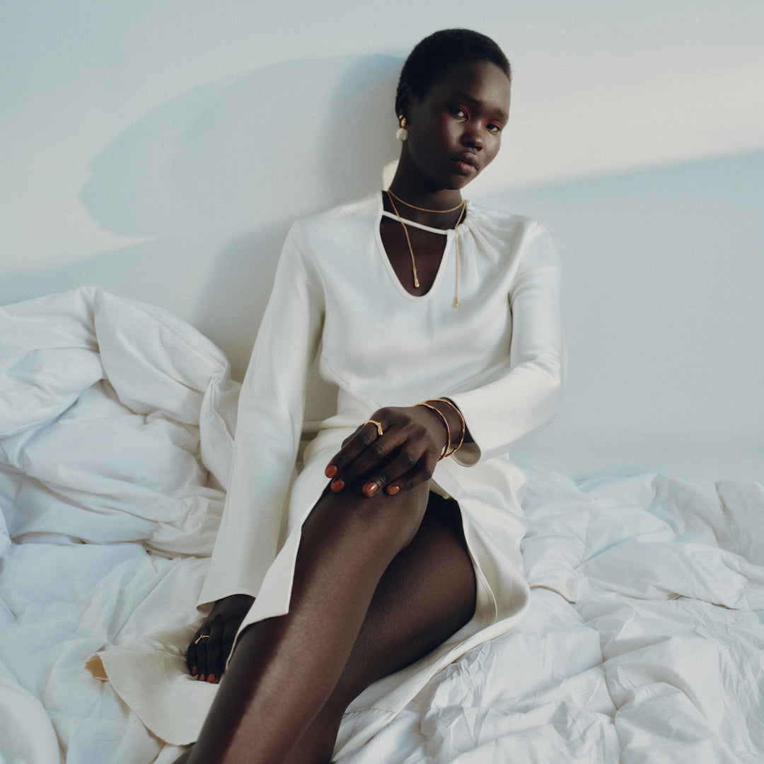 Biko 14k Gold Plated Hypoallergenic Hand Blown Glass Rhea Earrings in Gold and White