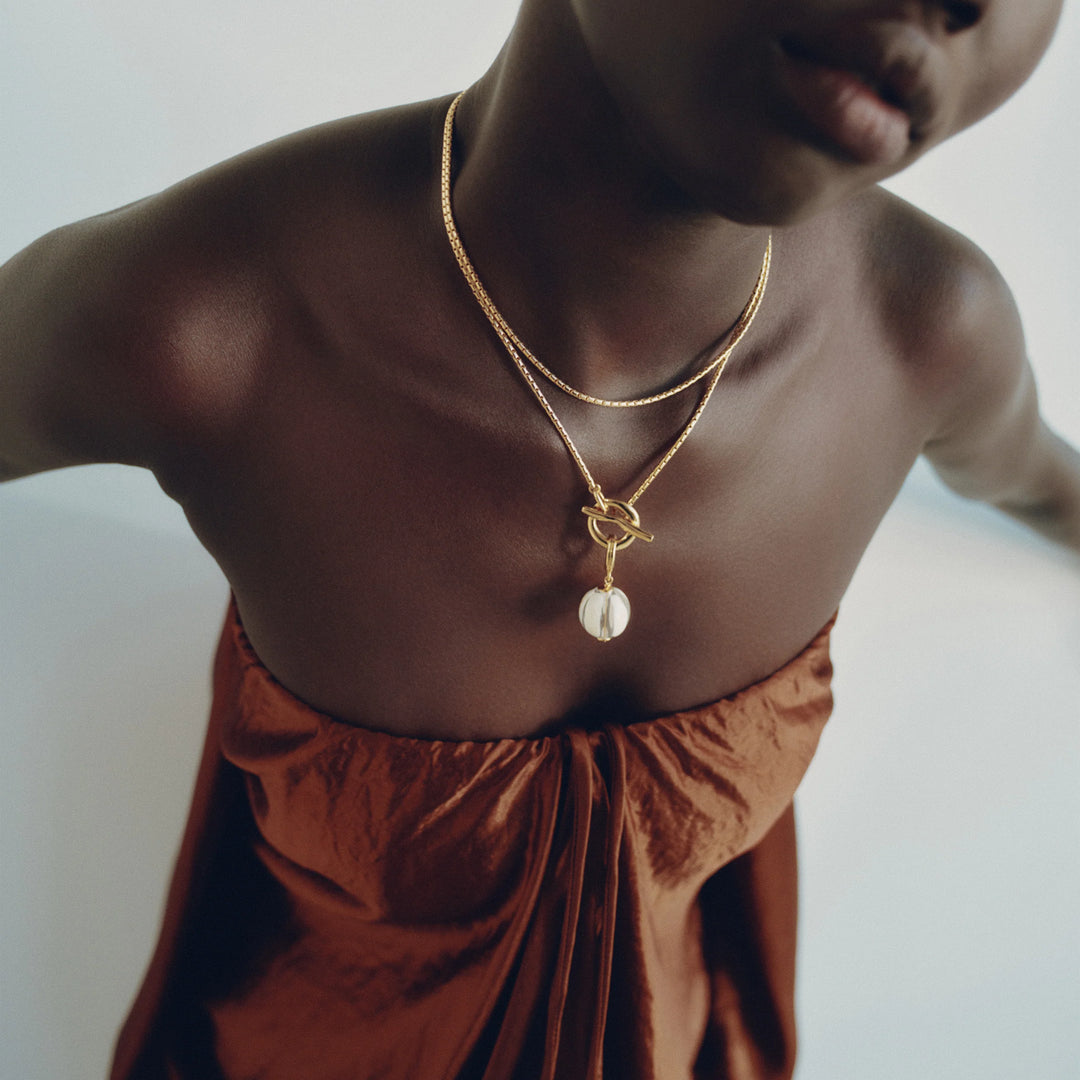 Biko 14K Gold Plated Hypoallergenic Hand Blown Glass Necklace in Gold and White