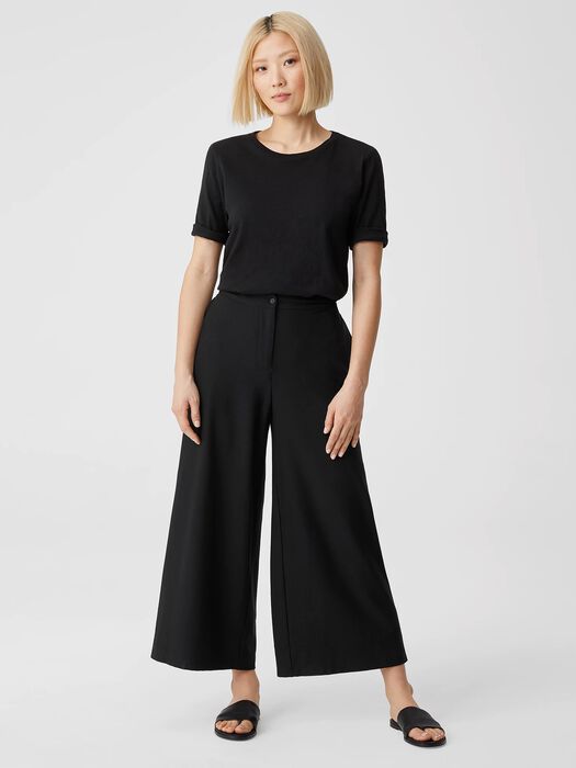 Black wide-leg ankle pants and matching short-sleeve top on model, full length view