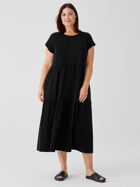 Eileen Fisher Stretch Jersey Knit Short Sleeve Tiered Dress in Black