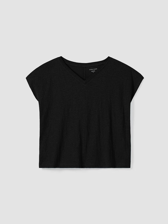 Eileen Fisher Org. Linen Jersey V-neck Square tee in Black
