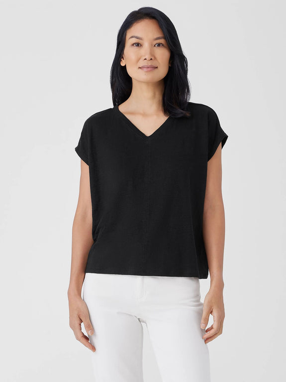 Eileen Fisher Org. Linen Jersey V-neck Square tee in Black