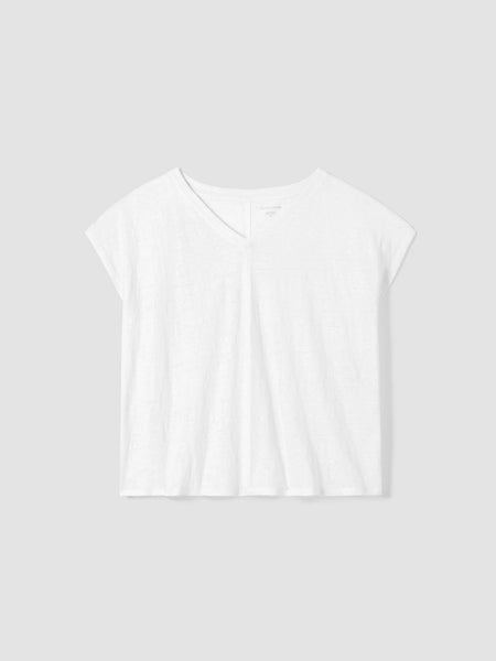 Eileen Fisher Org. Linen Jersey V-neck Square tee in White