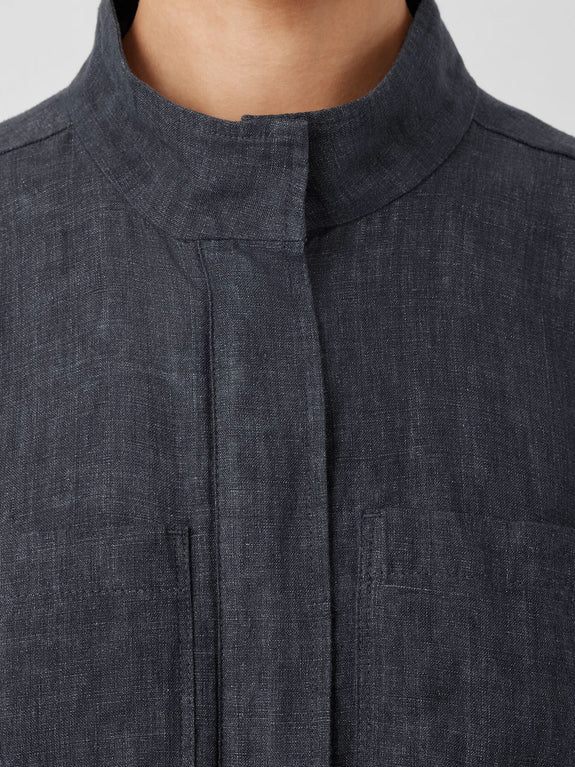 Eileen Fisher Washed Organic Linen Delave Stand Collar Jacket with Drawstring Waist Detail