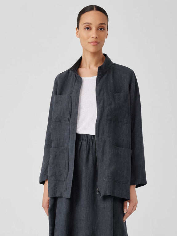 Eileen Fisher Washed Organic Linen Delave Stand Collar Jacket with Drawstring Waist Detail