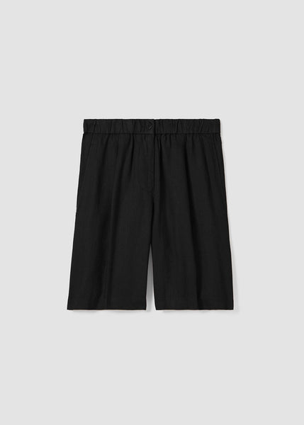 front view of Eileen Fisher Organic Linen zip front Elastic Waist plus size Shorts in Black