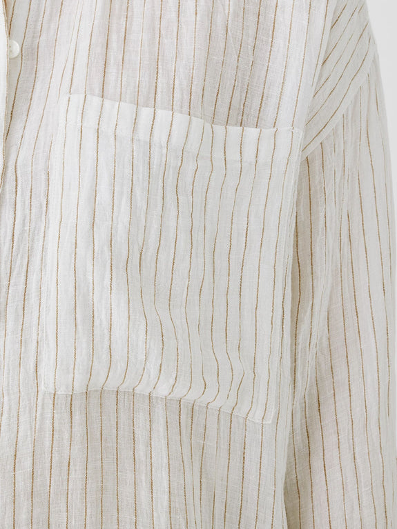Eileen Fisher Puckered Organic Linen Striped Classic Collar Long Shirt