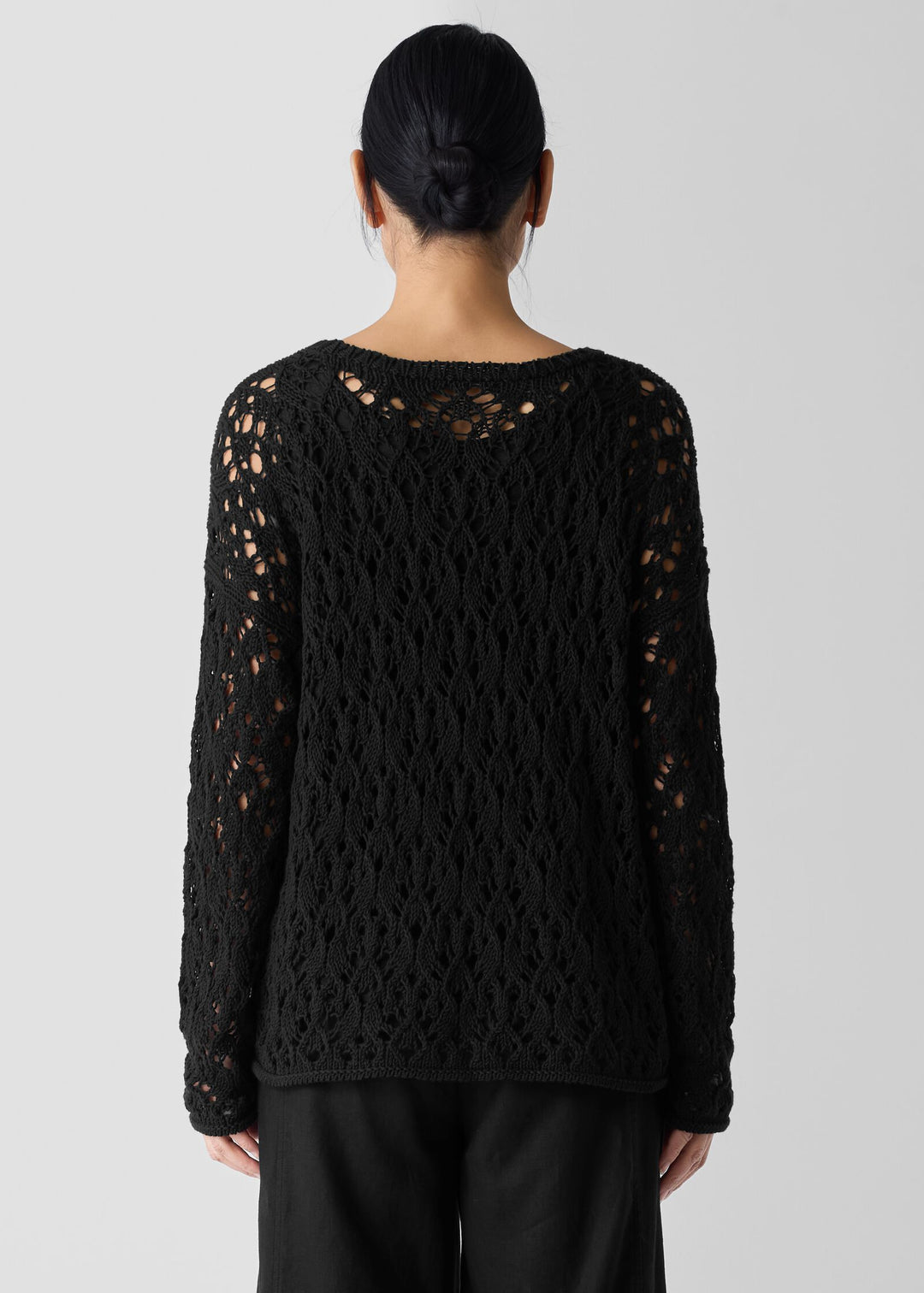 back of plus size Eileen Fisher Peruvian Cotton Cord Lace Crochet Pullover in Black
