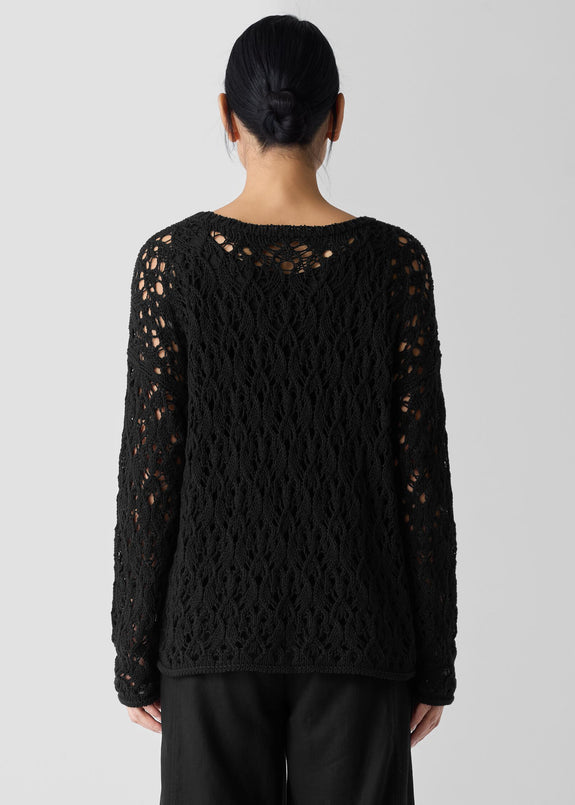 back of plus size Eileen Fisher Peruvian Cotton Cord Lace Crochet Pullover in Black