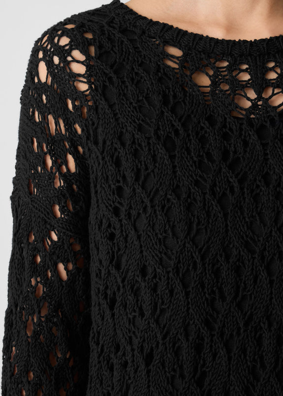 close up front of plus size Eileen Fisher Peruvian Cotton Cord Lace Crochet Pullover in Black
