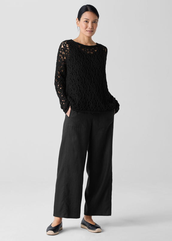 front of plus size Eileen Fisher Peruvian Cotton Cord Lace Crochet Pullover in Black