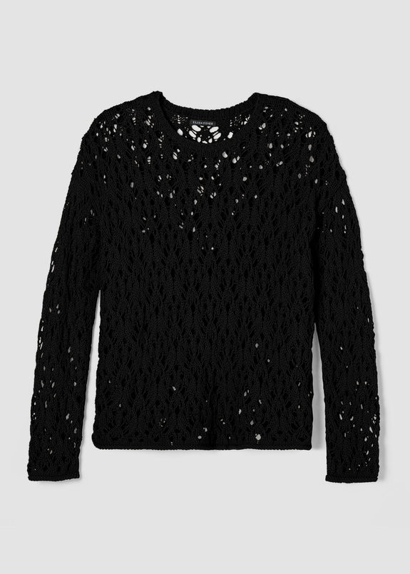 Front view of plus size Eileen Fisher Peruvian Cotton Cord Lace Crochet Pullover in Black