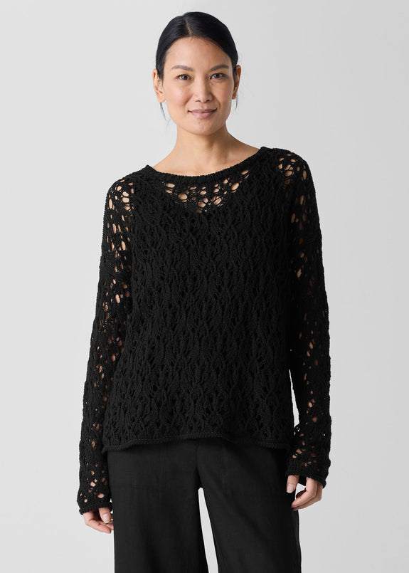 front of plus size Eileen Fisher Peruvian Cotton Cord Lace Crochet Pullover in Black