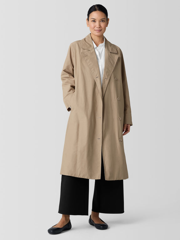 Eileen Fisher Light Cotton Nylon Calf Length Trench Coat in Biscuit