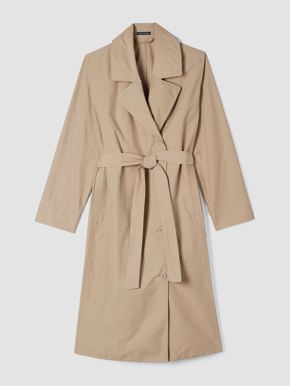 Eileen Fisher Light Cotton Nylon Calf Length Trench Coat in Biscuit