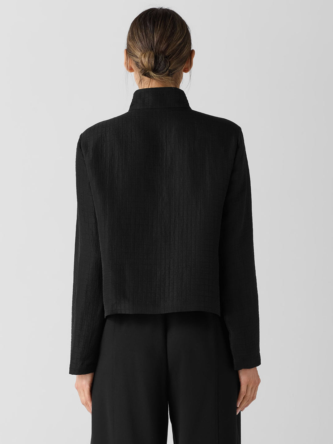 Eileen Fisher Silk Linen Box Stand Collar Jacket in Ebony