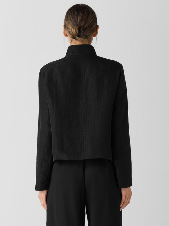 Eileen Fisher Silk Linen Box Stand Collar Jacket in Ebony