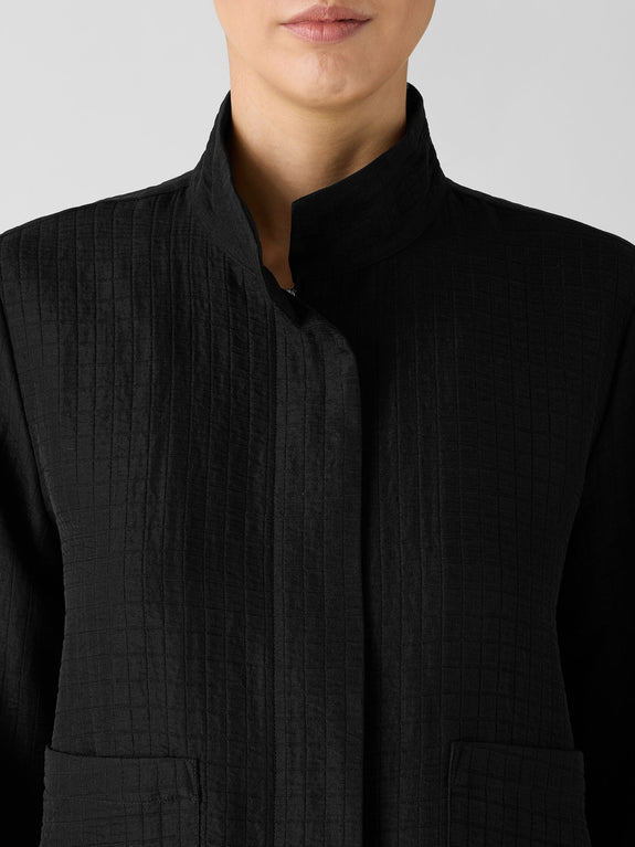 Eileen Fisher Silk Linen Box Stand Collar Jacket in Ebony