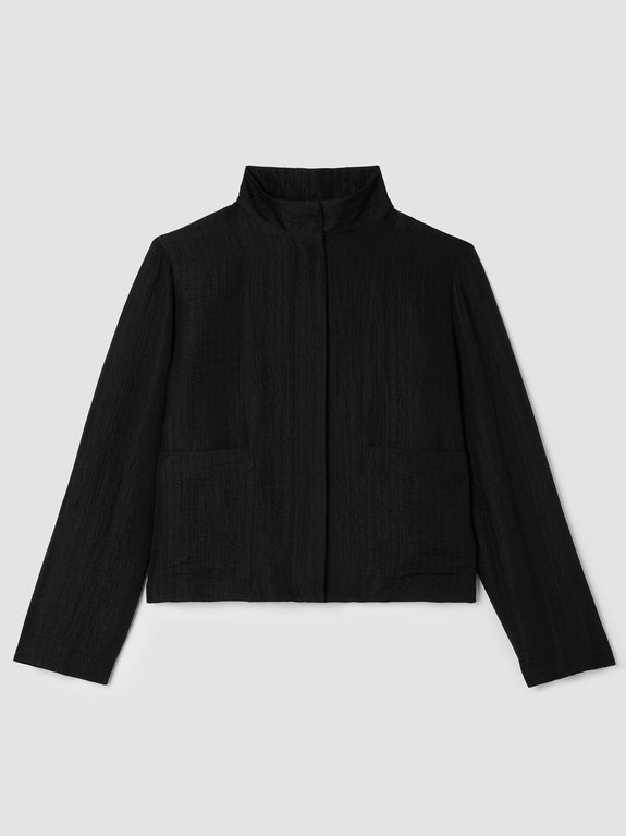 Eileen Fisher Silk Linen Box Stand Collar Jacket in Ebony