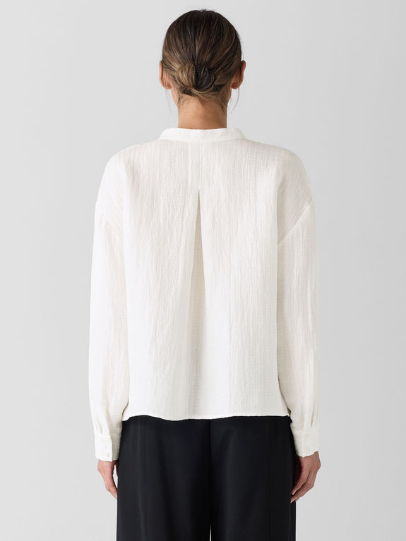 Eileen Fisher Mandarin Collar Silk Linen Box Henley Top in Ivory