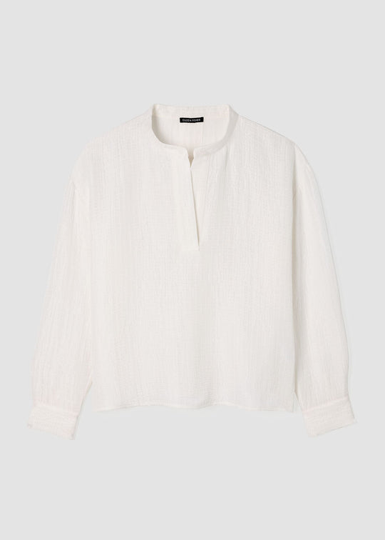Eileen Fisher Mandarin Collar Silk Linen Box Henley Top in Ivory