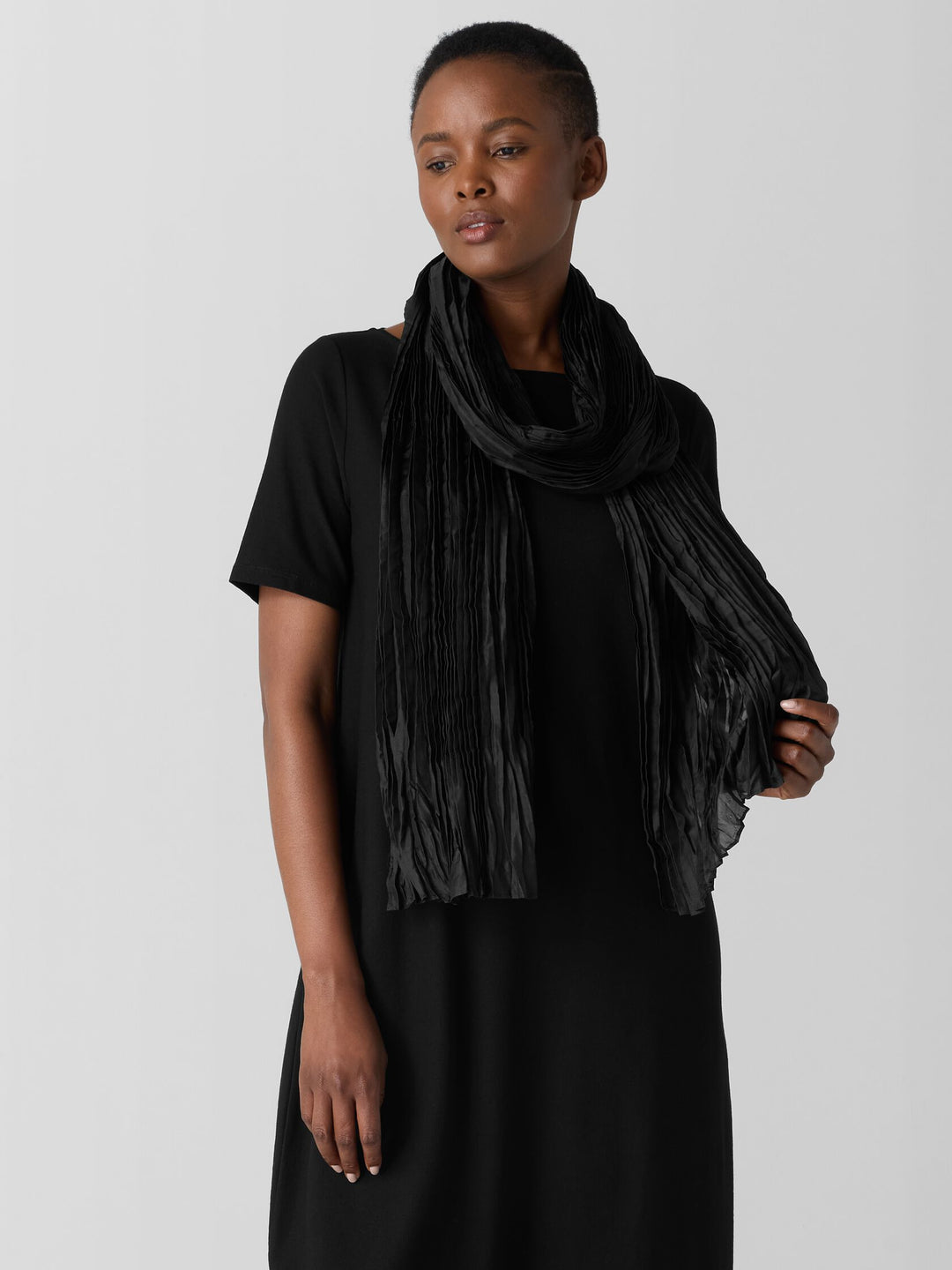 Eileen Fisher Whisper Silk Crinkle Scarf in Black