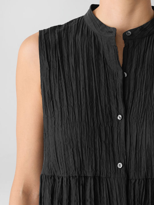 Eileen Fisher Crinkle Silk Habutai Mandarin Collar Dress in Black