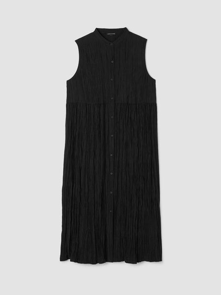 Eileen Fisher Crinkle Silk Habutai Mandarin Collar Dress in Black