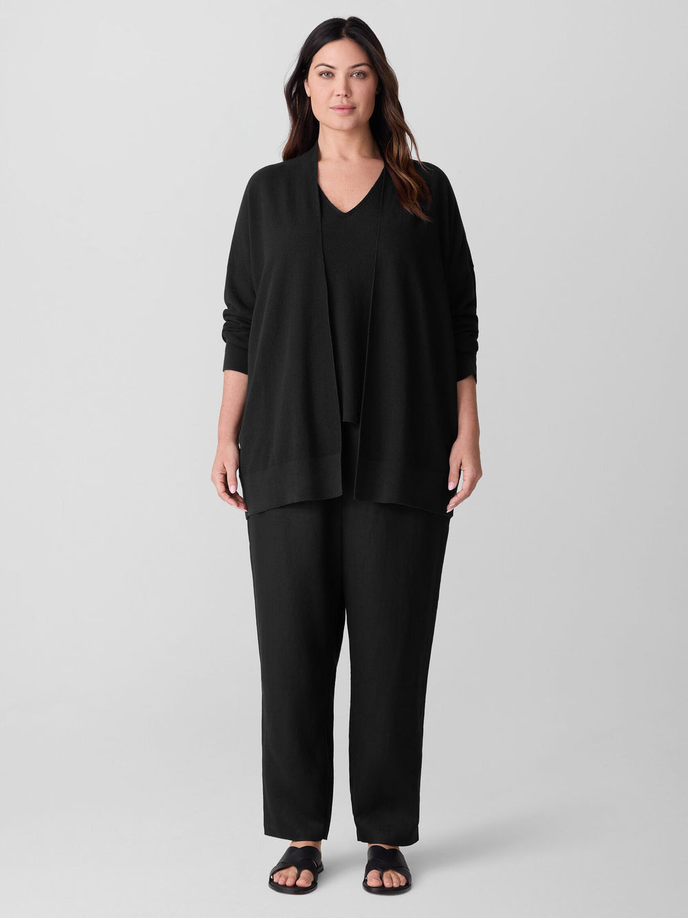 Eileen Fisher Organic Linen Cotton Long Open Cardigan in Black